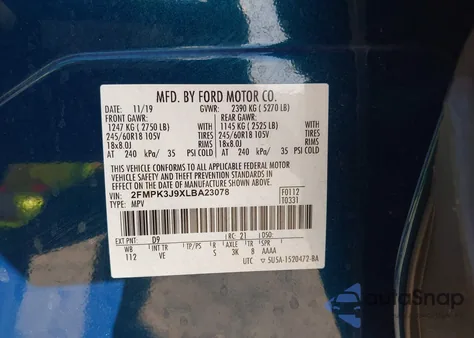 2020 Ford Edge Sel из США, поврежденный, VIN 2FMPK3J9XLBA23078